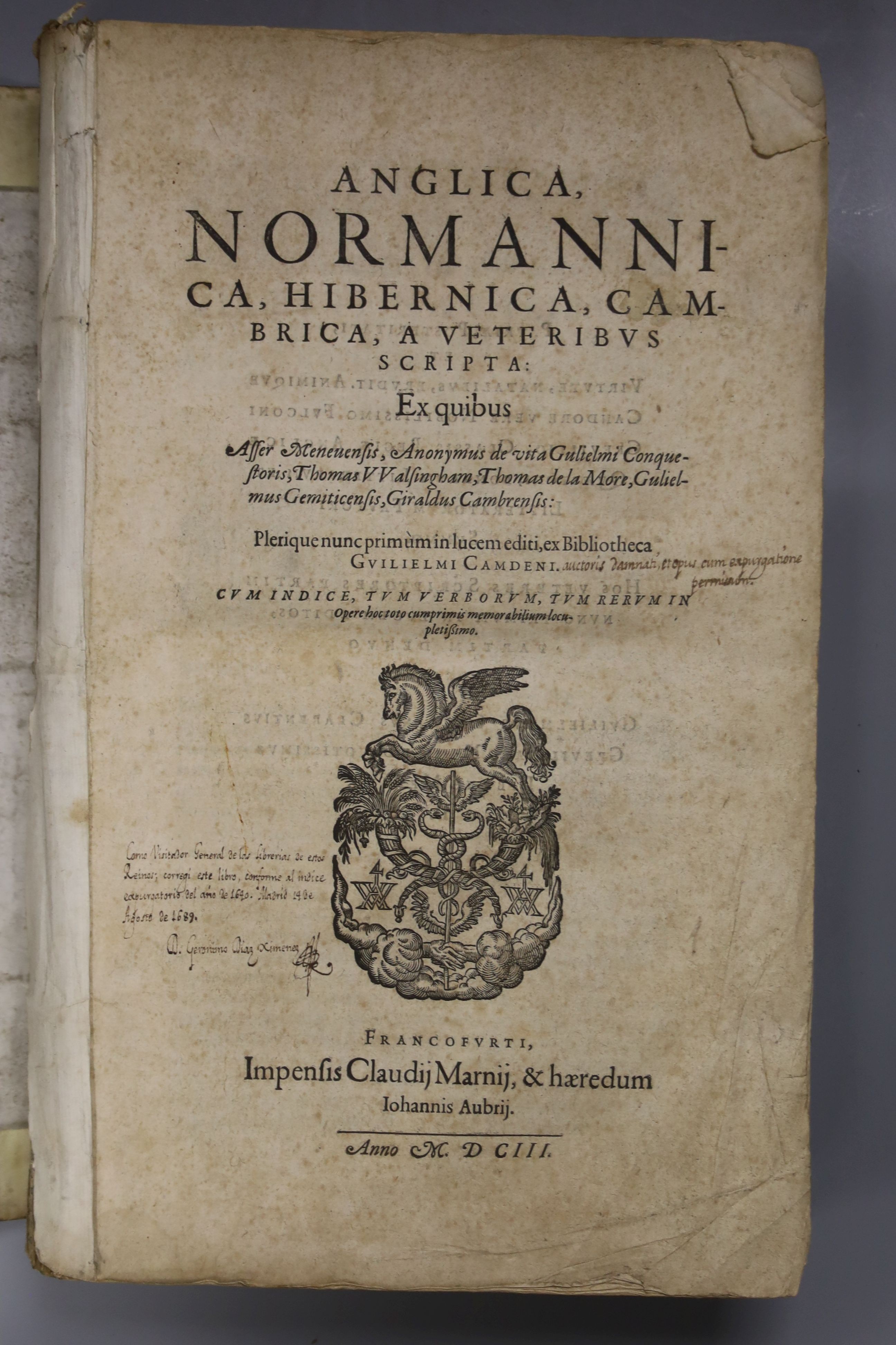 Camden, William. Anglica, Normannica, Hibernica, Cambrica, a Veteribus Scripta.... engraved title device, few text engravings (incl. device leaf at end); contemp. limp vellum, ins. spine title, roy. 4to. Frankfurt, 1603